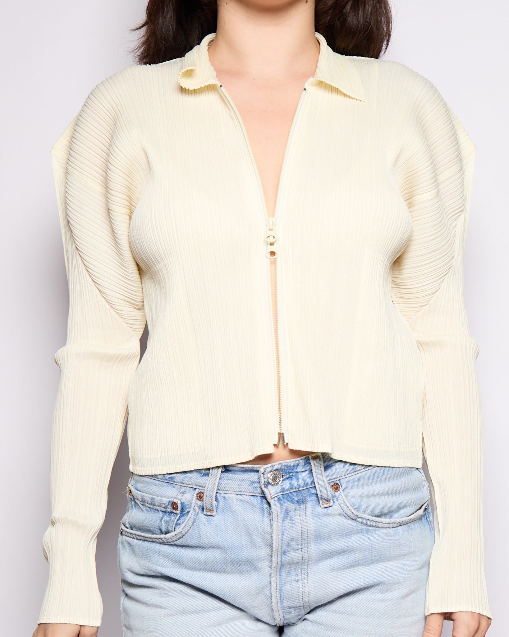 Issey Miyake Cream Pleats Please Cardigan Top