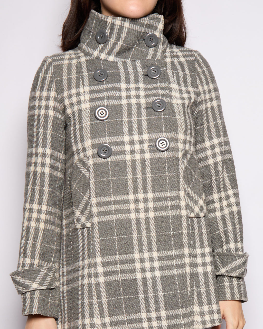 Vintage Grey Plaid Funnel Neck Coat