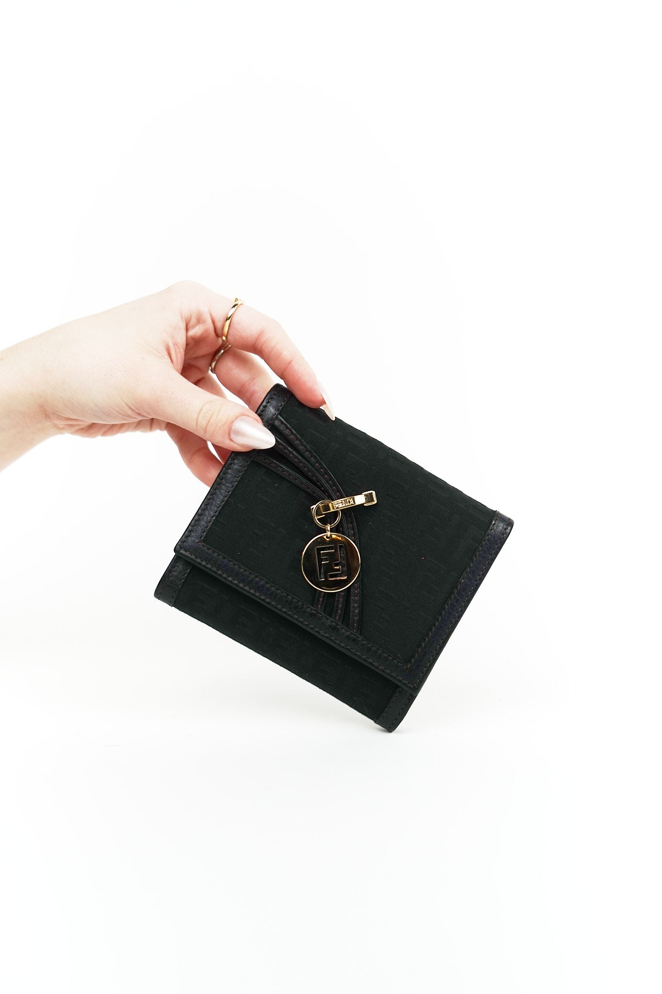 Fendi Black Canvas Charm Detail Wallet