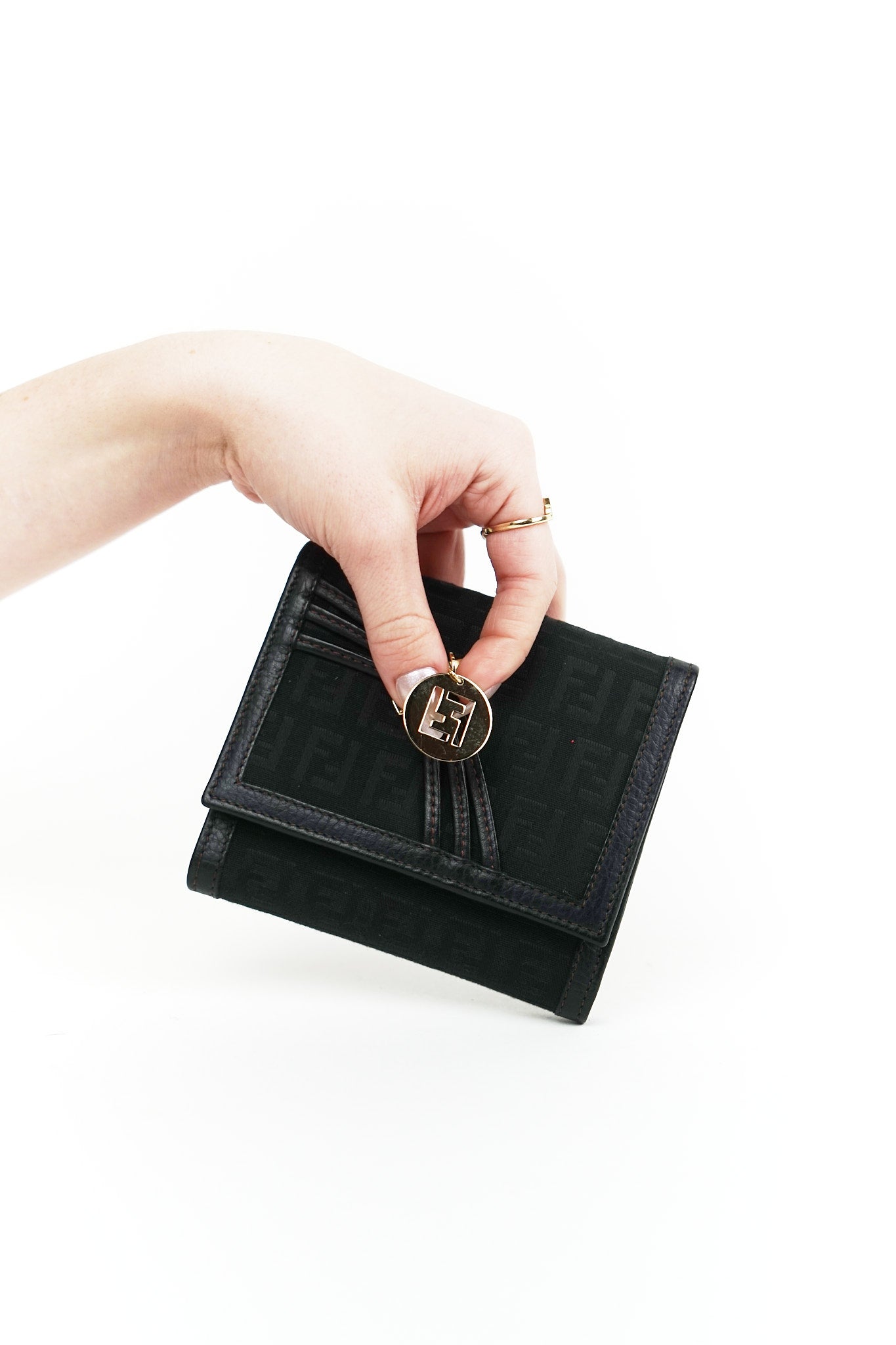 Fendi Black Canvas Charm Detail Wallet