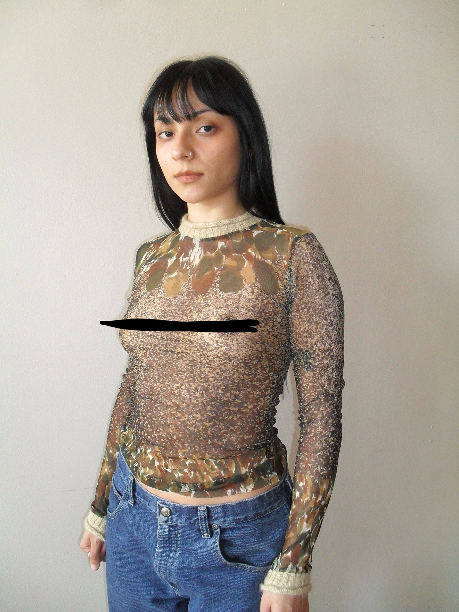 JPG 90's Mesh Knit Trim Printed Top