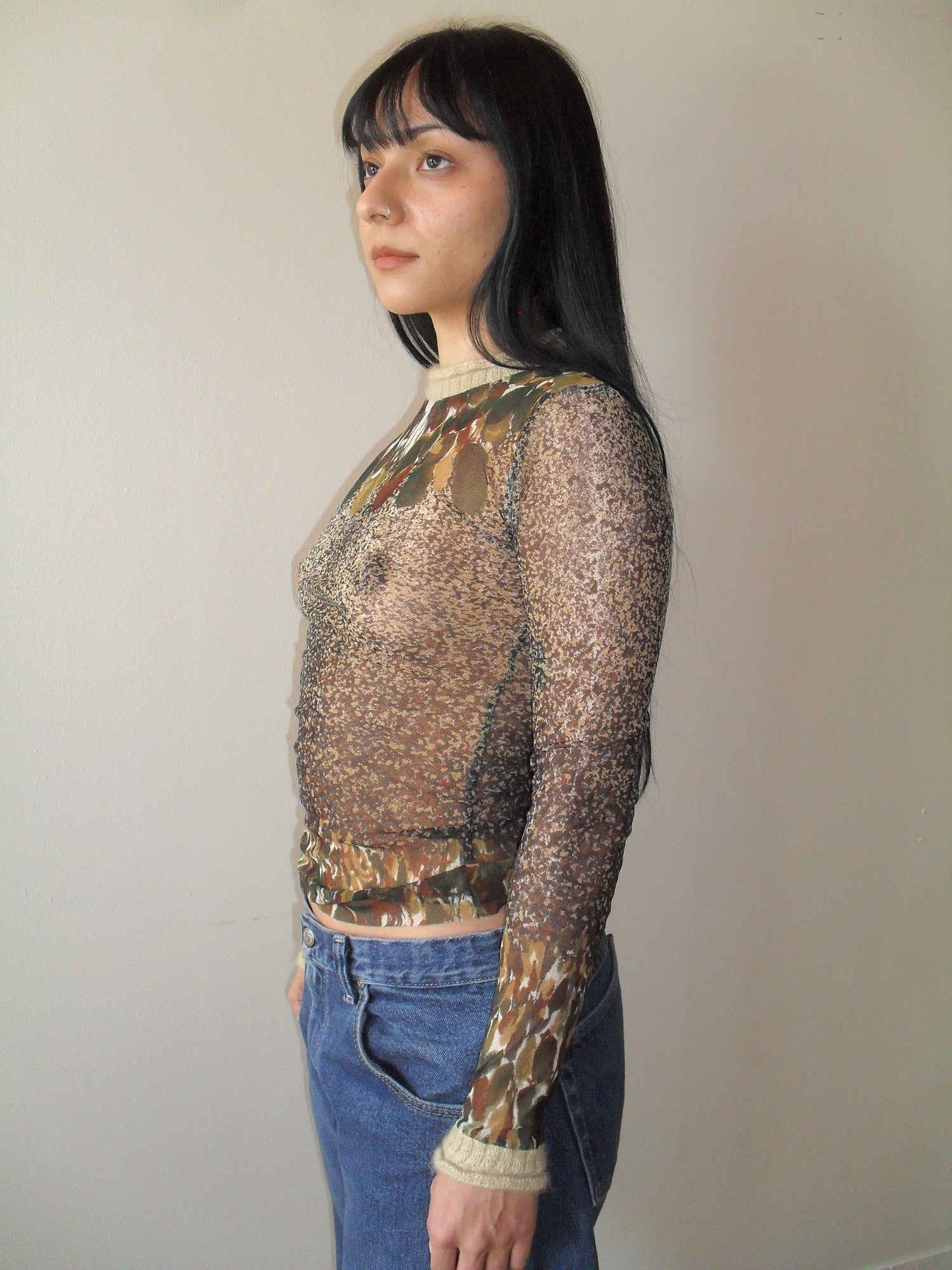 JPG 90's Mesh Knit Trim Printed Top
