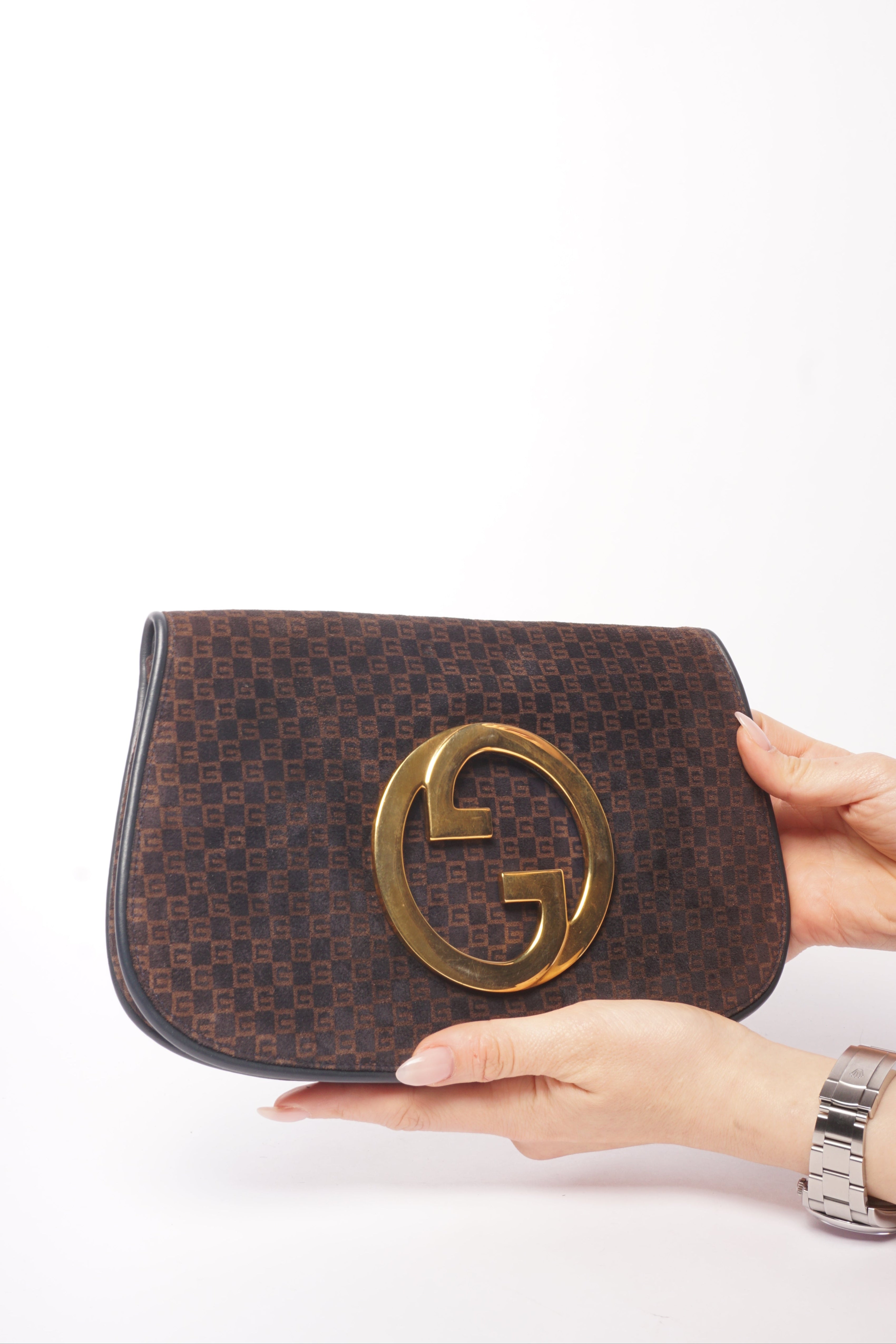 Gucci 70’s Blondie Brown Suede Monogram Clutch