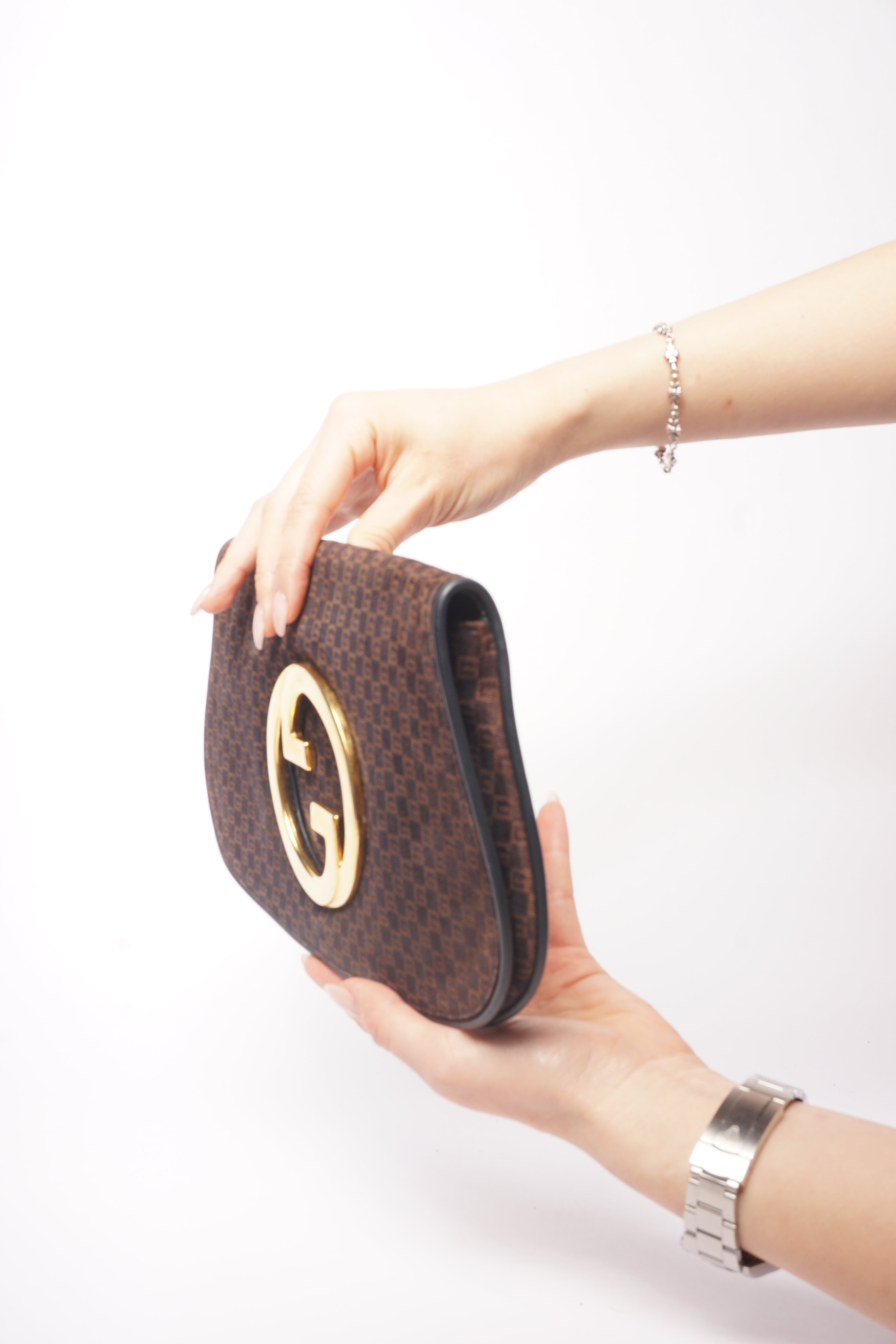 Gucci 70’s Blondie Brown Suede Monogram Clutch