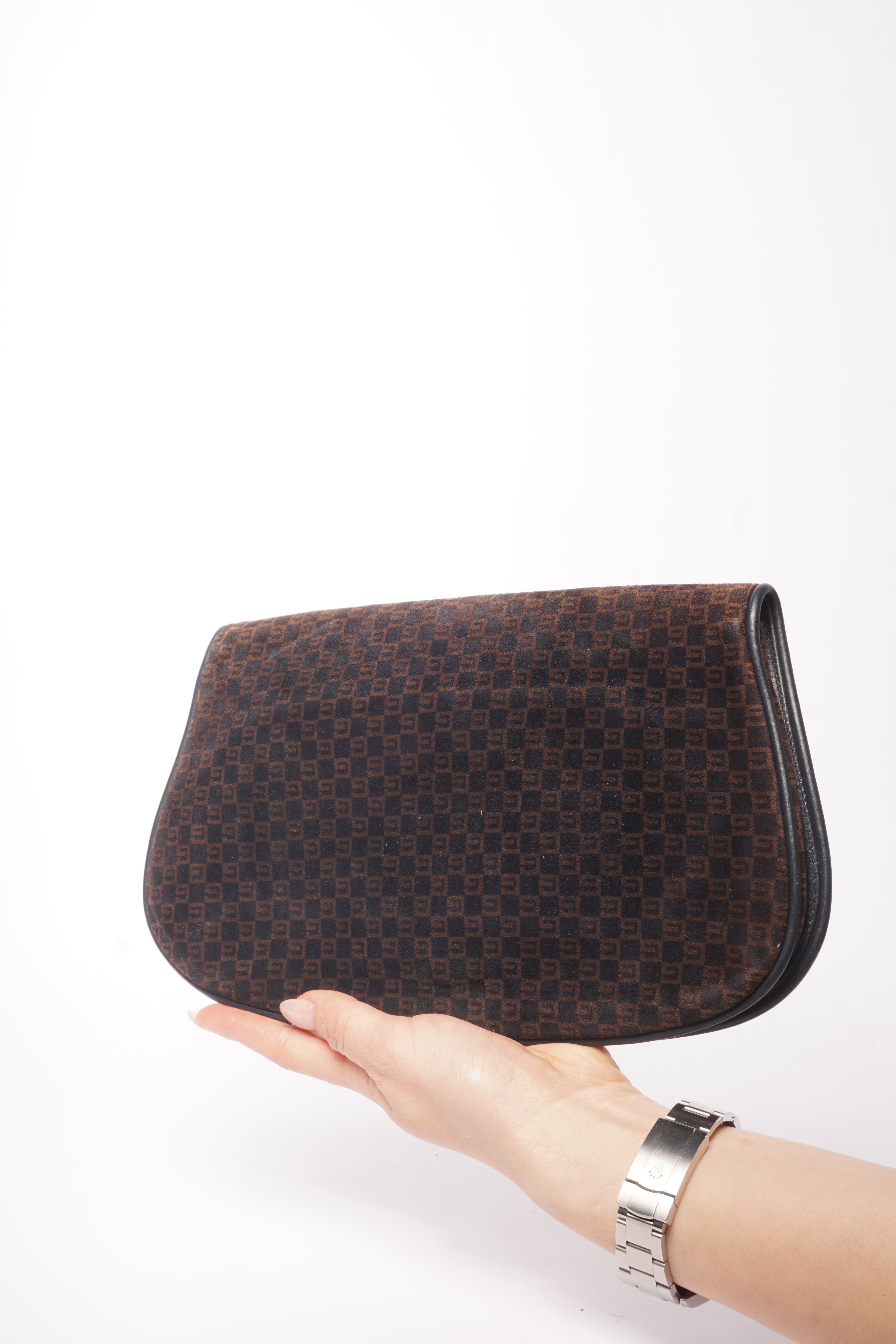 Gucci 70’s Blondie Brown Suede Monogram Clutch