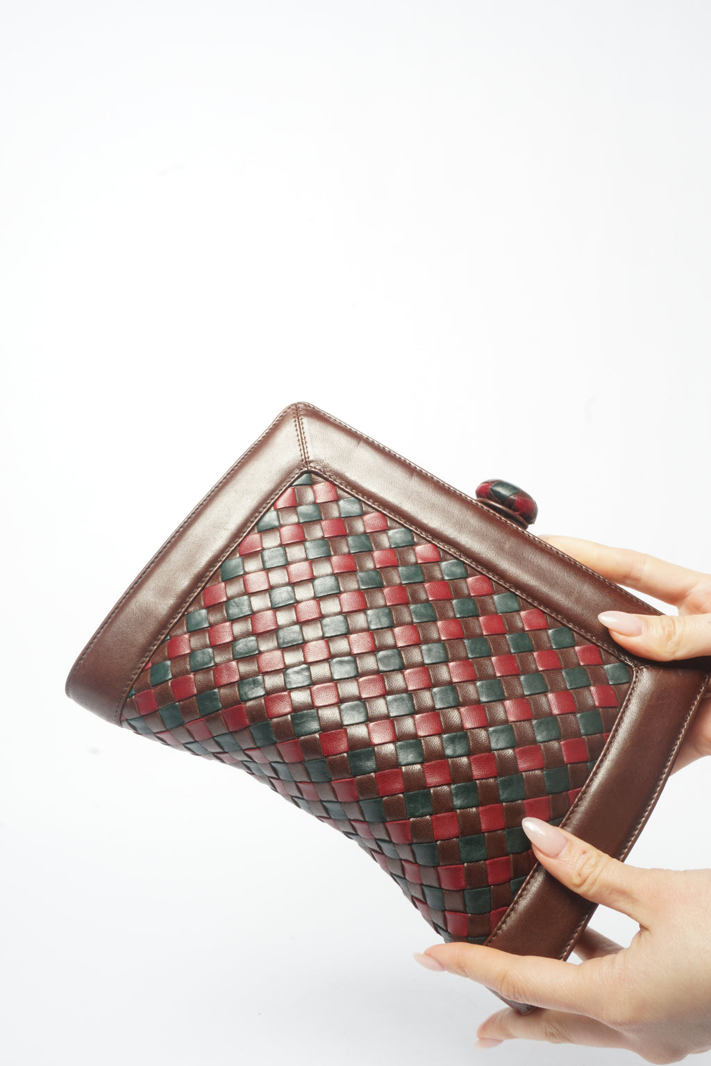 1980's Bottega Veneta Vintage Intrecciato Red & Brown Woven Leather Clutch Bag