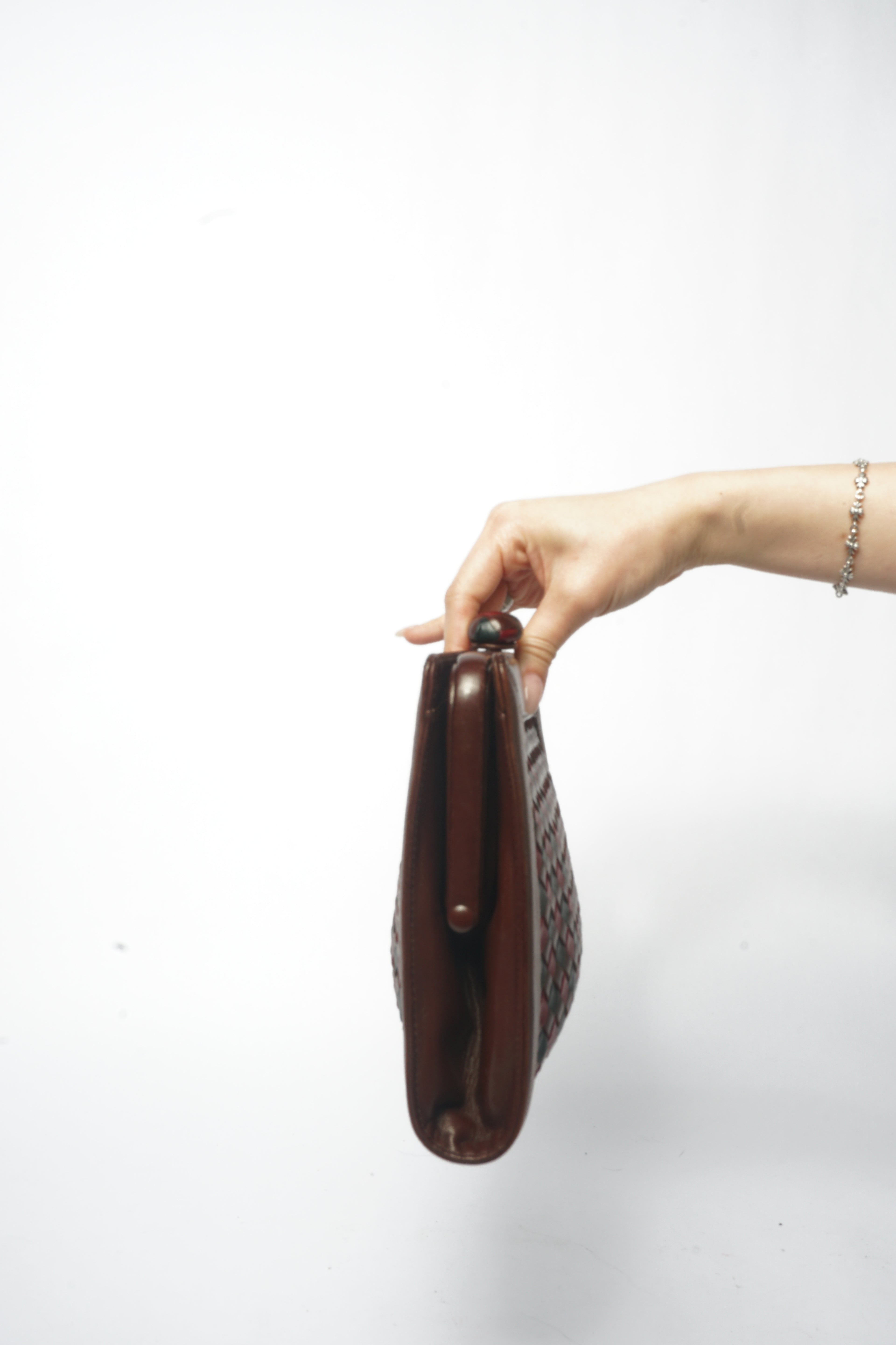 1980's Bottega Veneta Vintage Intrecciato Red & Brown Woven Leather Clutch Bag