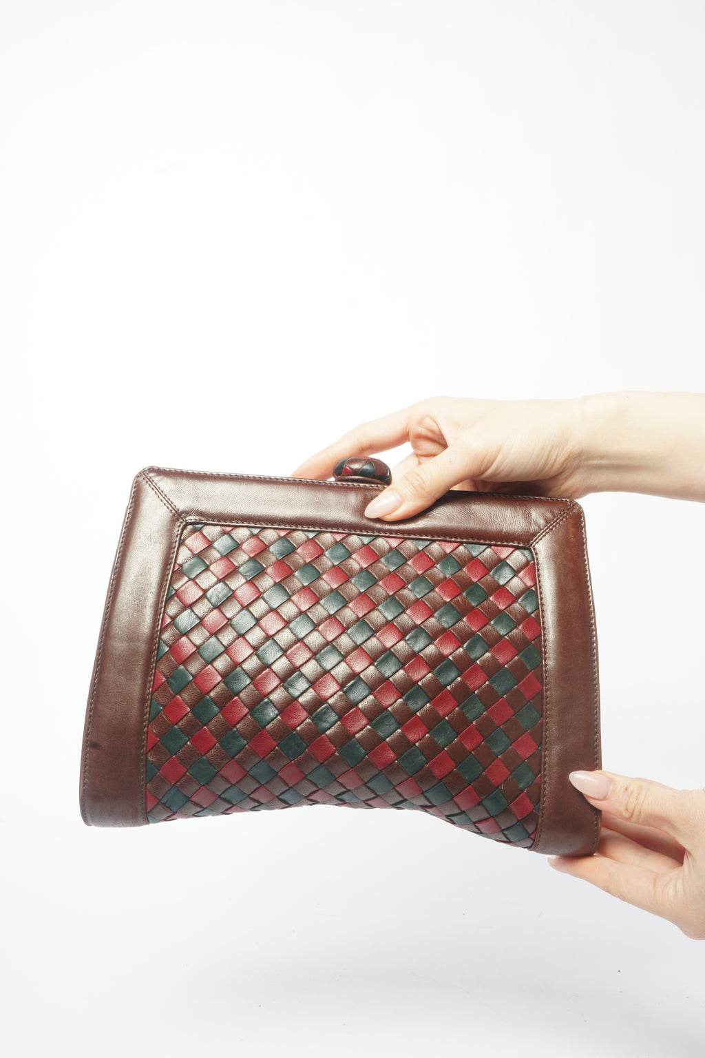 1980's Bottega Veneta Vintage Intrecciato Red & Brown Woven Leather Clutch Bag
