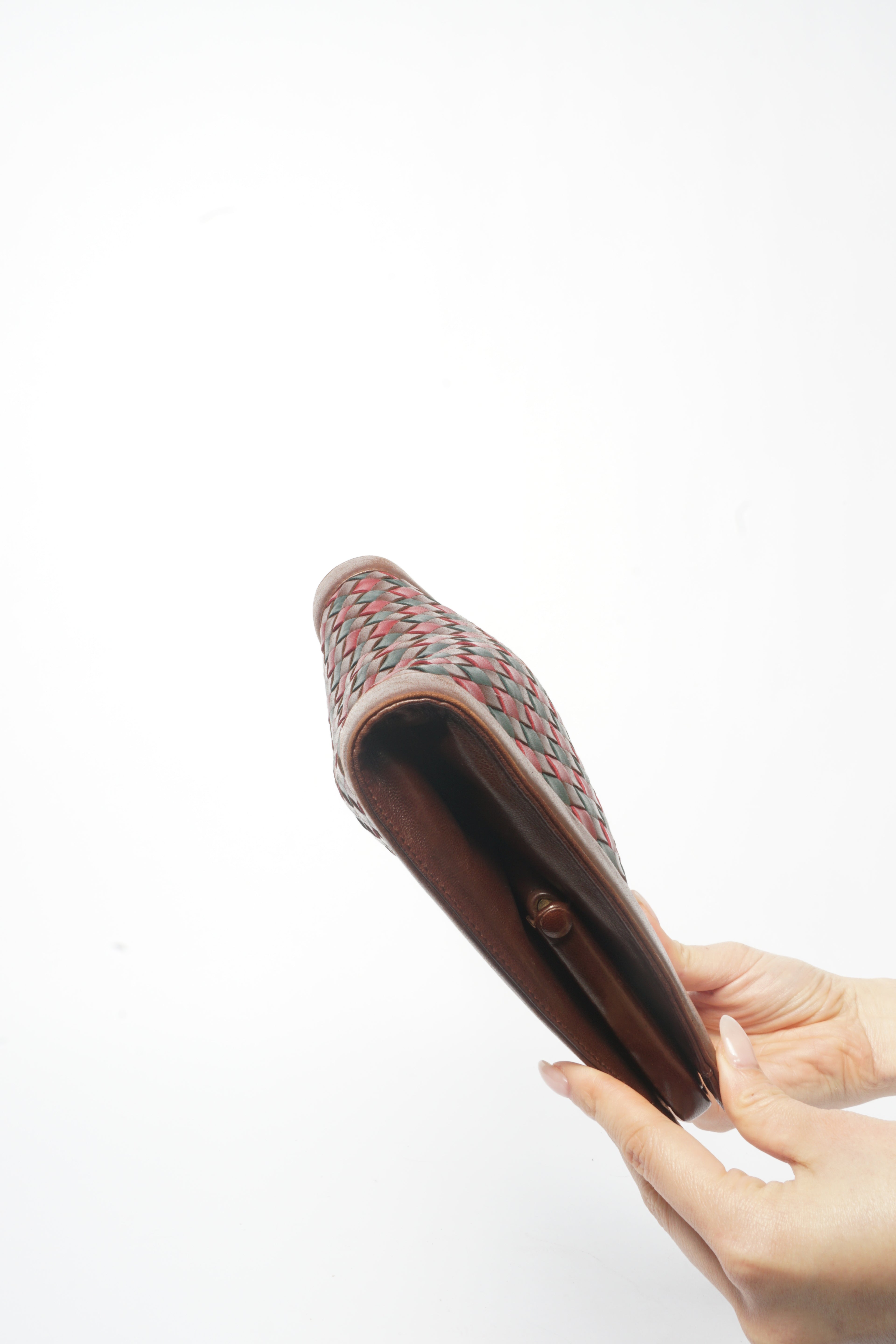 1980's Bottega Veneta Vintage Intrecciato Red & Brown Woven Leather Clutch Bag