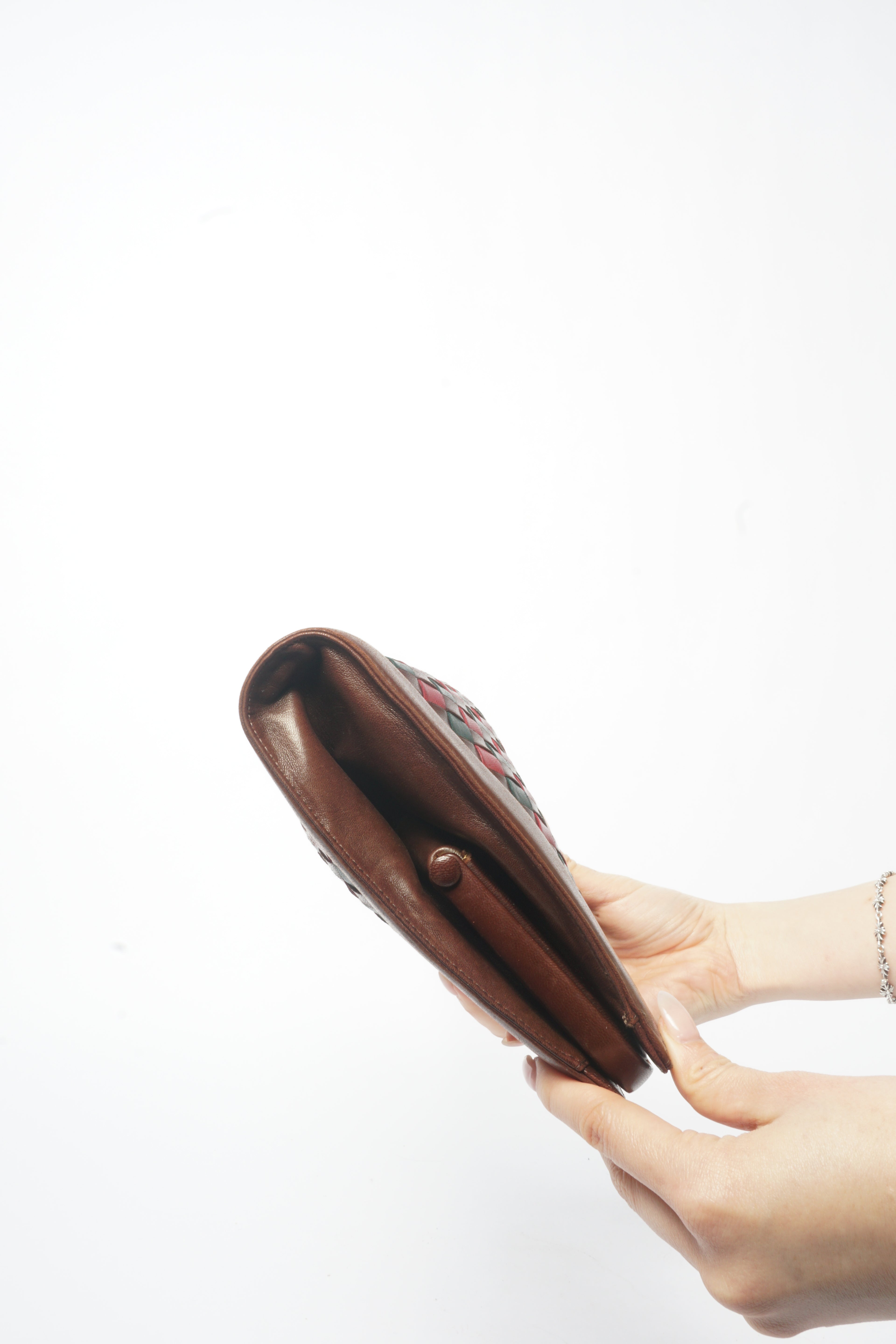 1980's Bottega Veneta Vintage Intrecciato Red & Brown Woven Leather Clutch Bag