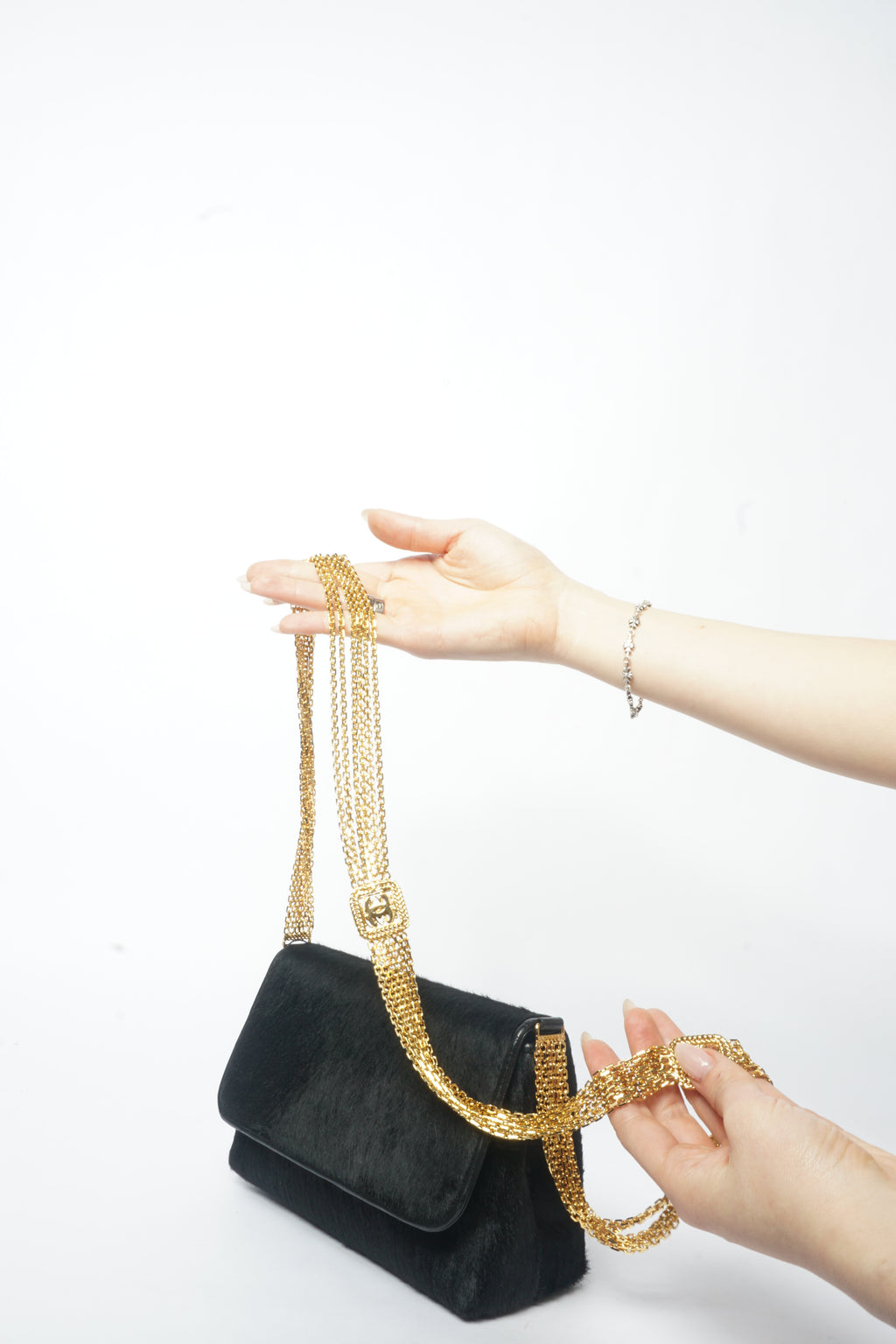 90's Chanel Black Ponyhair Multistrand CC Evening Bag