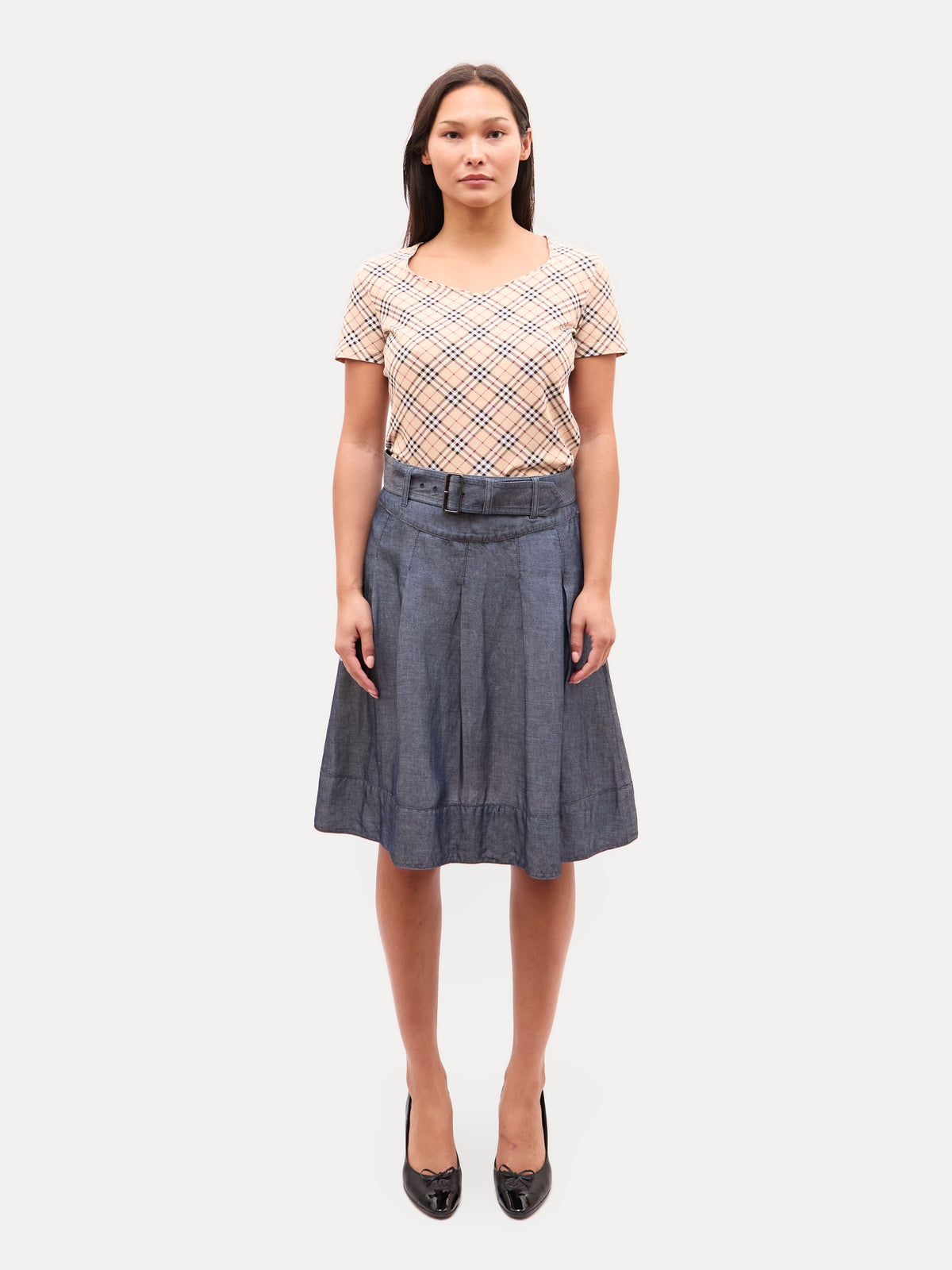 Burberry Blue Chambray Belted Midi Belted Skirt