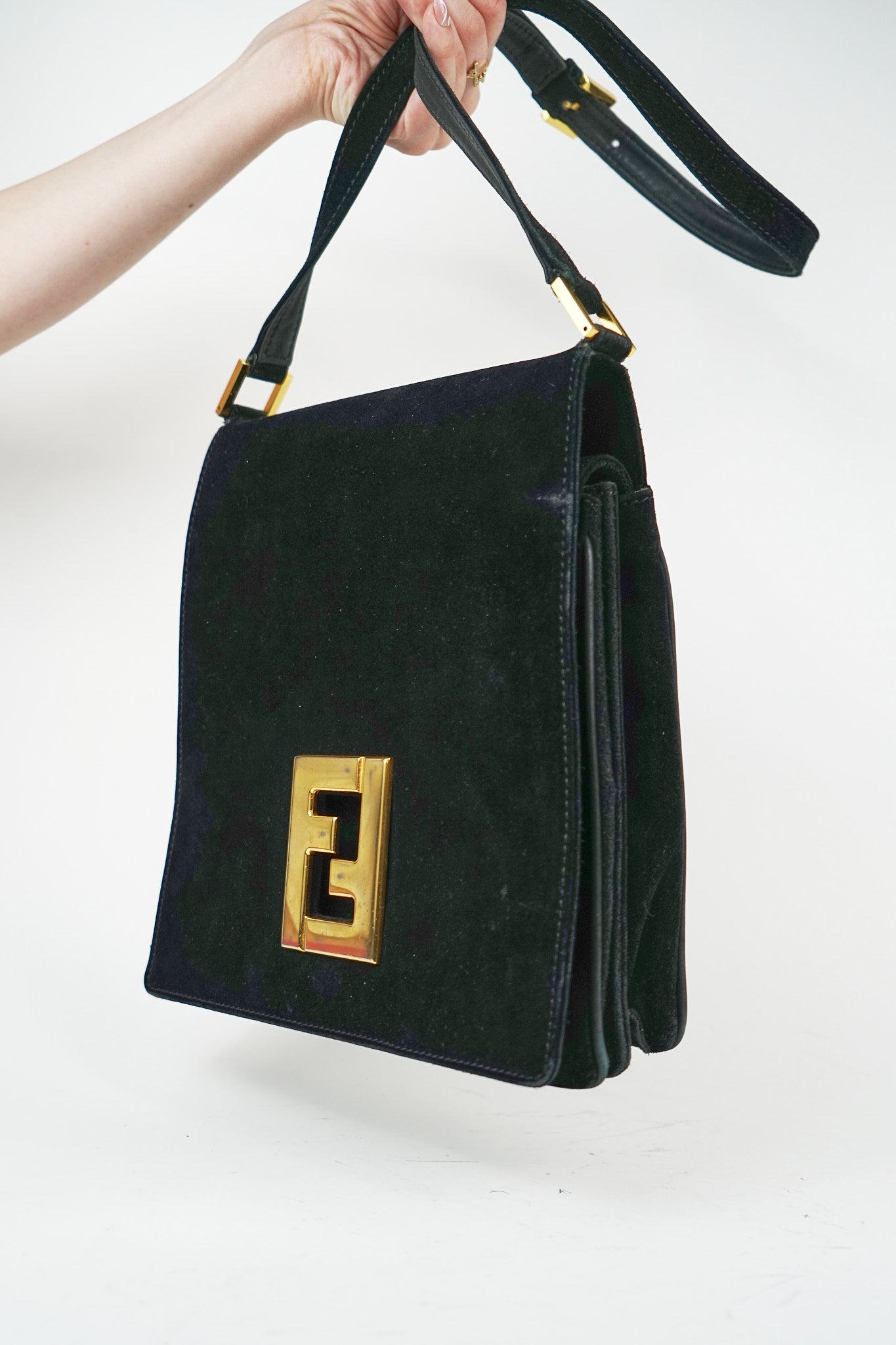 Fendi Black Suede FF Accordion Crossbody Satchel