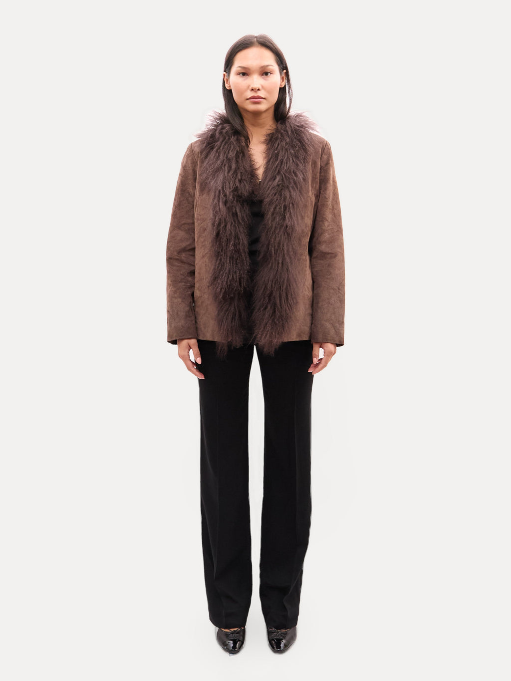 Vintage Brown Suede and Mongolian Fur Trim Jacket