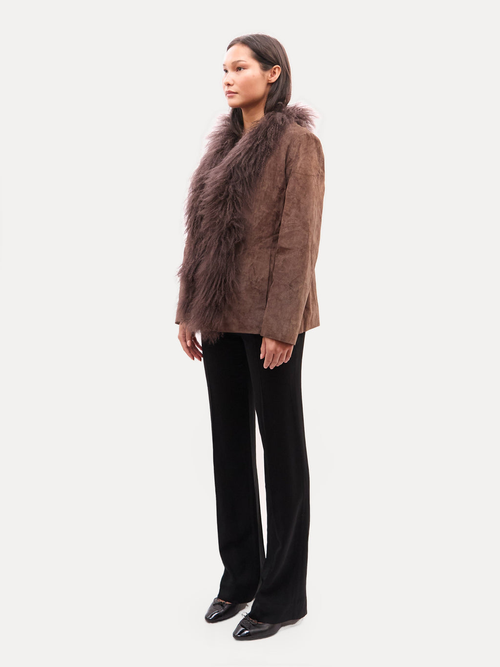 Vintage Brown Suede and Mongolian Fur Trim Jacket