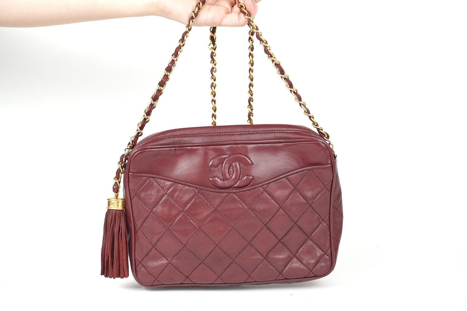 Chanel CC Lambkin Maroon Camera Bag with Tassel 90’s