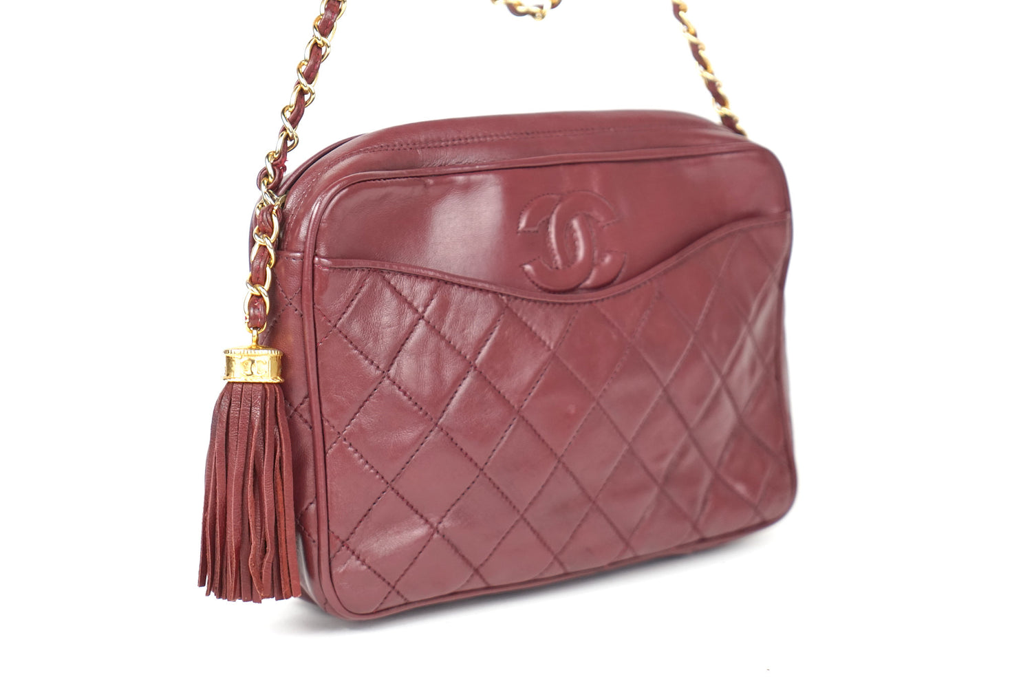 Chanel CC Lambkin Maroon Camera Bag with Tassel 90’s