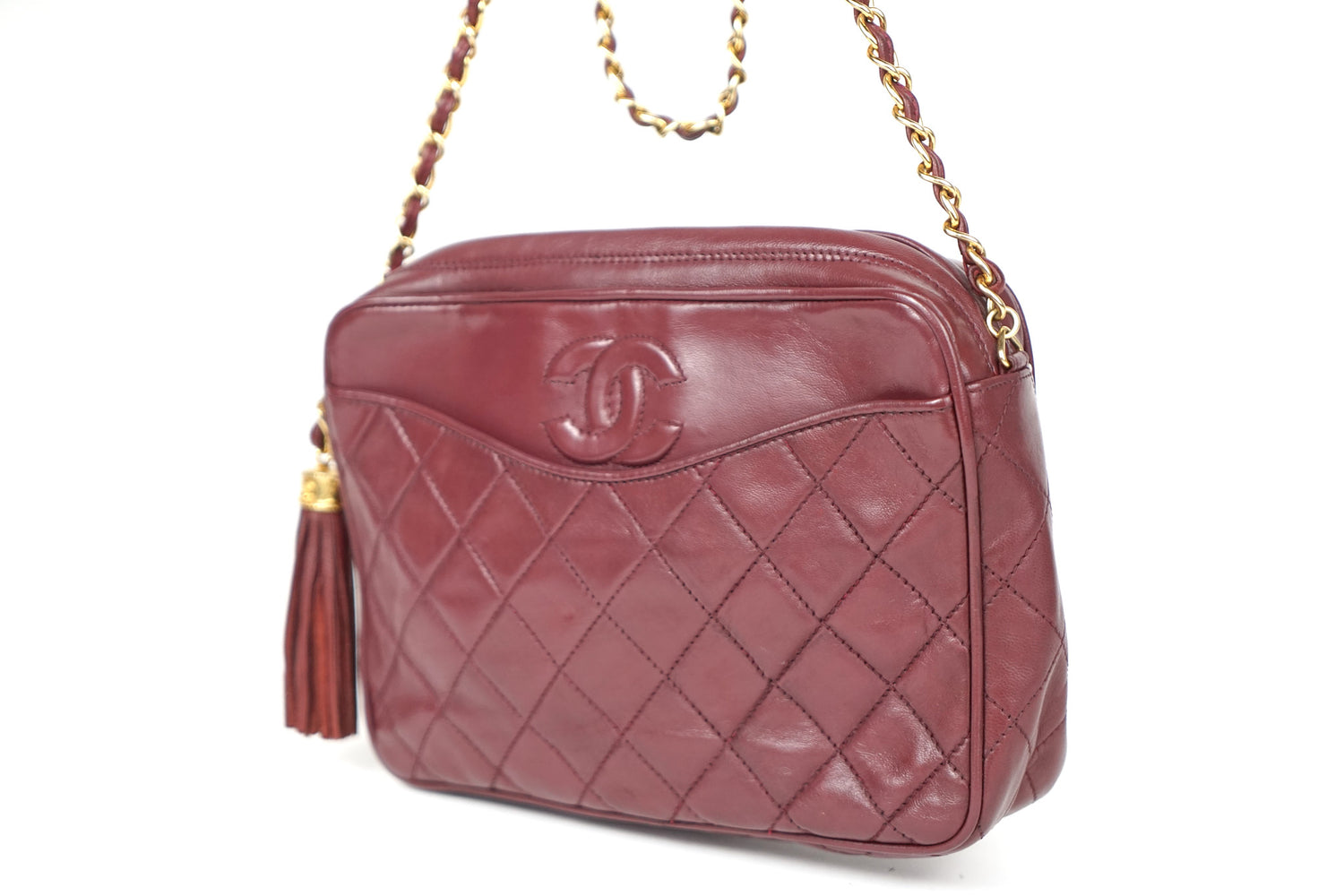 Chanel CC Lambkin Maroon Camera Bag with Tassel 90’s