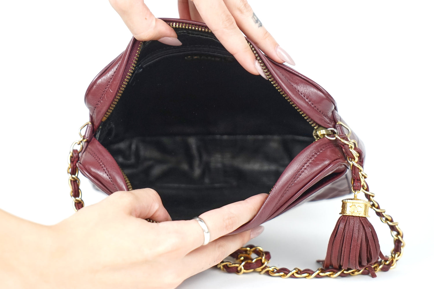 Chanel CC Lambkin Maroon Camera Bag with Tassel 90’s